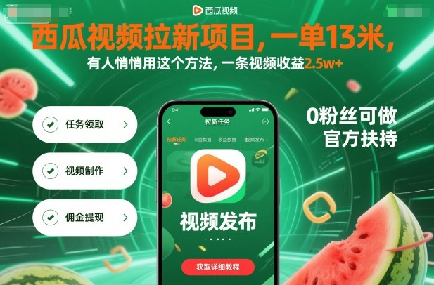 西瓜视频拉新项目，一单13米，有人悄悄用这个方法，一条视频收益2.5w+（附详细教程）-易网创