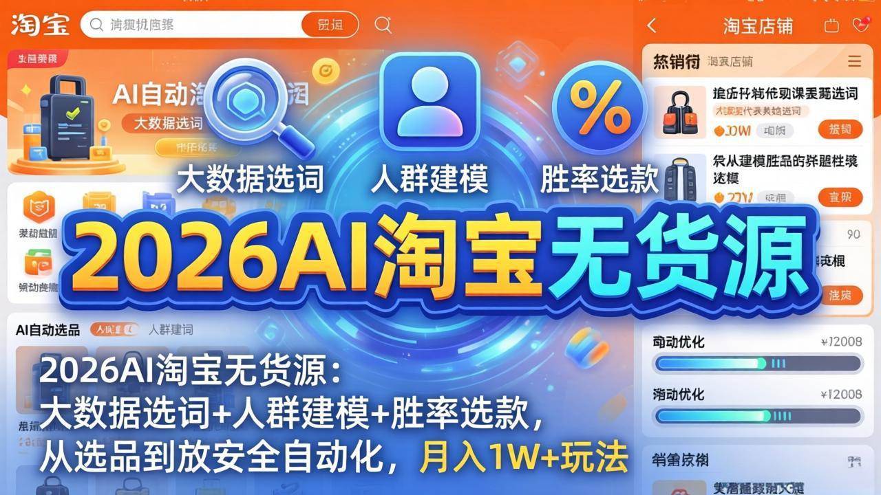 (17812期)2026AI淘宝无货源:大数据选词+人群建模+胜率选款,从选品到放大全自动化,月入1W+玩法-易网创