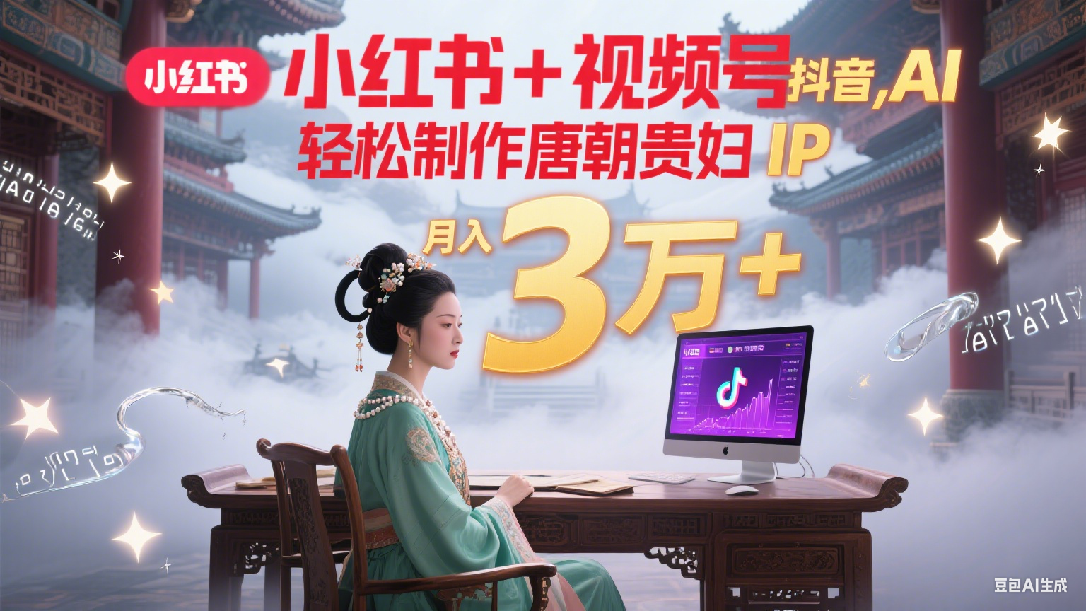 小红书+视频号+抖音，AI轻松制作唐朝贵妇IP，毒鸡汤、励志、减肥瘦身、养生赛道轻松切入，每天30分钟，轻松产出N条，月入3万+-易网创