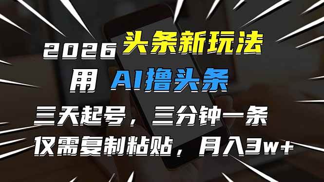 （17351期）2026最新头条玩法，用AI撸头条，3天必起号，3分钟1条，只需要复制粘贴，简单月入3W+-易网创