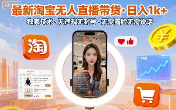最新淘宝无人直播带货，日入1k+，独家技术，无违规无封号，无需露脸无需说话【揭秘】-易网创