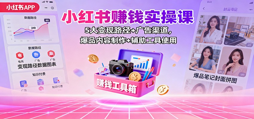 小红书赚钱实操课：5大变现路径+广告渠道，爆品内容制作+辅助工具使用-易网创