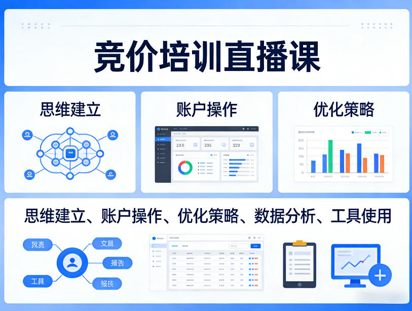 竞价培训直播课，覆盖思维建立、账户操作、优化策略、数据分析、工具使用等，全方位提升效果-易网创