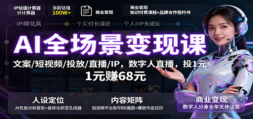 AI全场景变现课：文案/短视频/投放/直播/IP，数字人直播，投1元赚68元-易网创