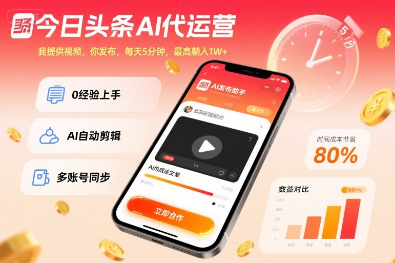 今日头条AI代运营，我提供视频，你发布，每天5分钟，最高躺入1W+【揭秘】-易网创