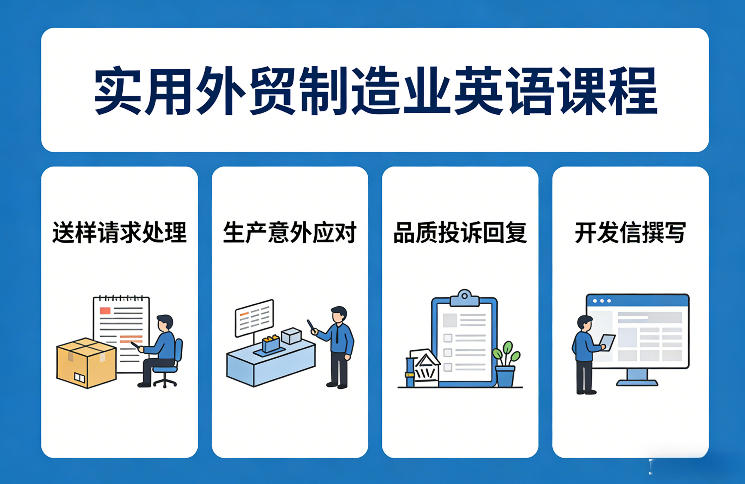 实用外贸制造业英语课程，教你专业处理送样请求、应对生产意外、回复品质投诉、撰写开发信等-易网创