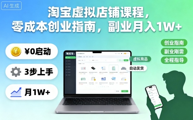 淘宝虚拟店铺课程，零成本创业指南，副业月入1W+-易网创