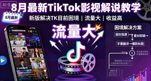 8月最新TikTok影视解说教学，新版解决TK目前困境，流量大，收益高-易网创