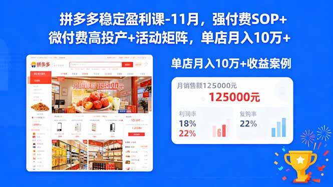 （16557期）拼多多稳定盈利课-11月，强付费SOP+微付费高投产+活动矩阵，单店月入10w+-易网创