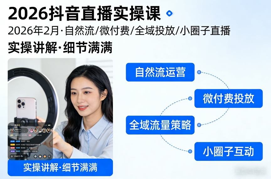 2026抖音直播实操课2026年2月，自然流、微付费、全域投放、小圈子直播，实操讲解，细节满满-易网创