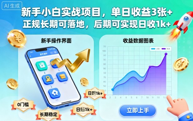 新手小白实战项目，单日收益3张+，正规长期可落地，后期可实现日收1k+【揭秘】-易网创