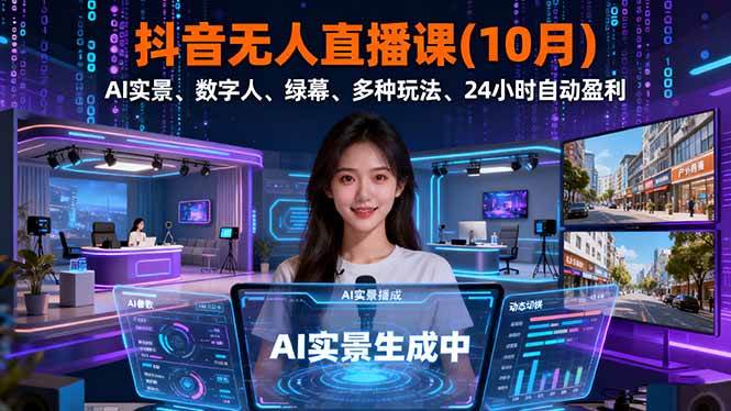 （16355期）抖音无人直播课(10月)，AI实景、数字人、绿幕、多种玩法、24小时自动盈利-易网创