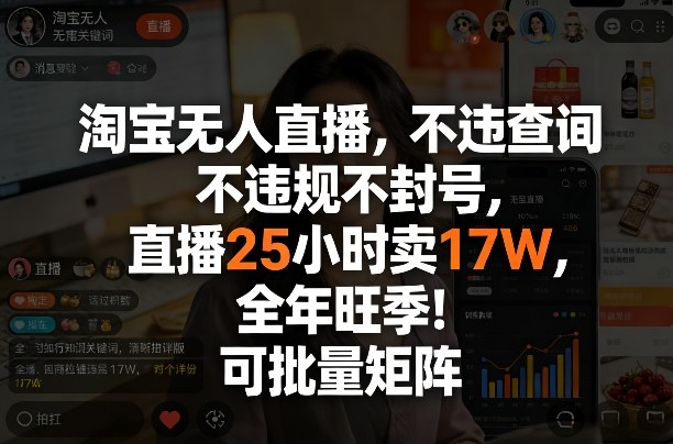 淘宝无人直播，不违规不封号，直播25小时卖17W，全年旺季！可批量矩阵【揭秘】-易网创