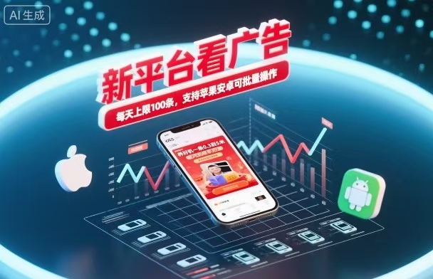 新台看广告，养好机一条5毛到5块，单机日入30到100，支持苹果安卓，可批量操作。-易网创