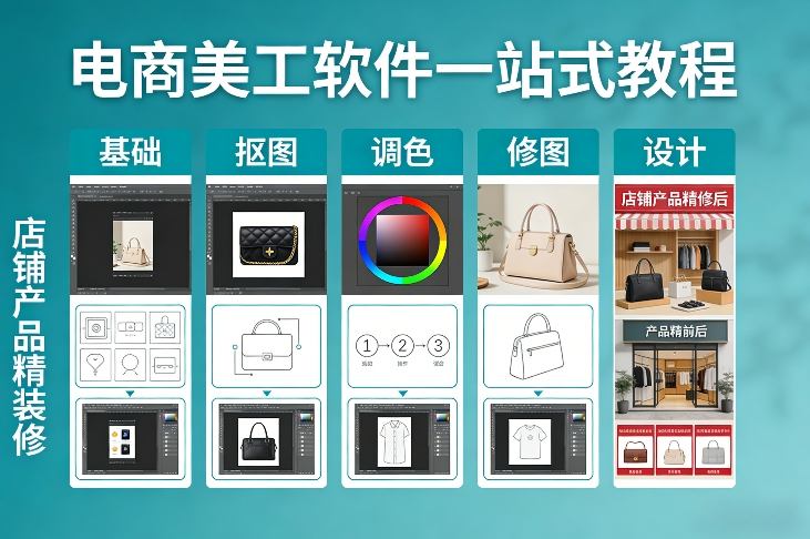 电商美工软件一站式教程，基础/抠图/调色/修图/设计，店铺产品精装修-易网创