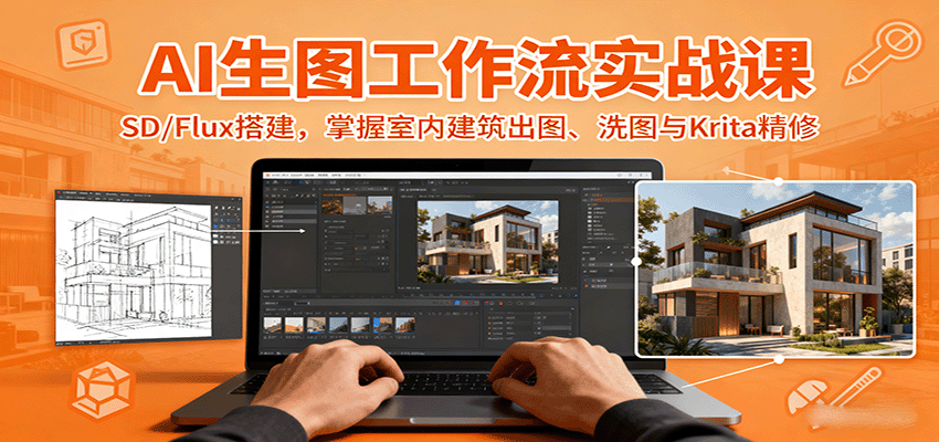 AI生图工作流实战课：SD/Flux搭建，掌握室内建筑出图、洗图与Krita精修-易网创